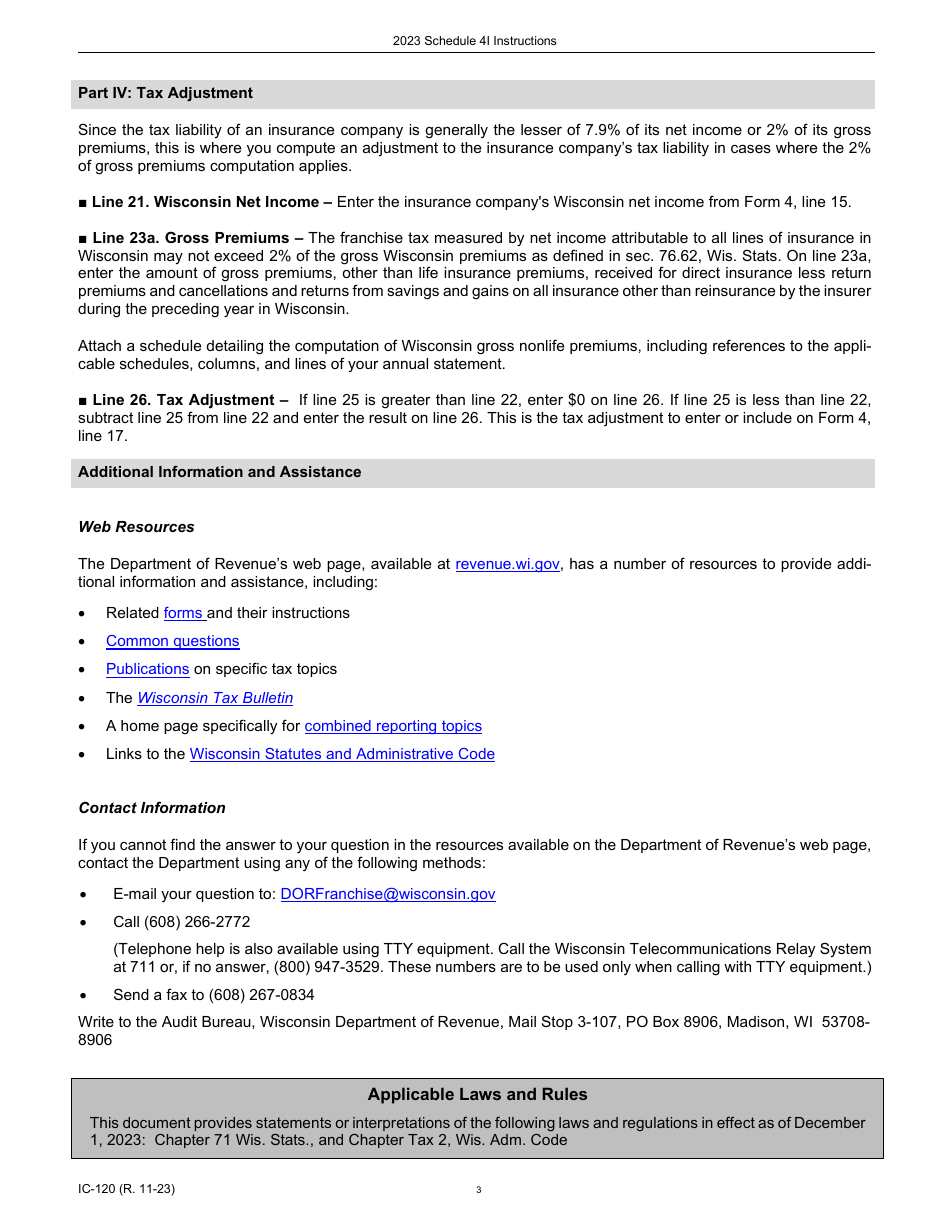 Instructions for Form IC-020C Schedule 4I Wisconsin Adjustments for Insurance Companies - Wisconsin, Page 3