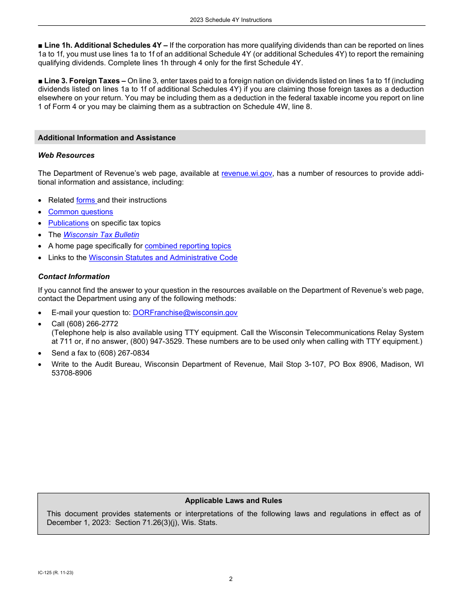 Instructions for Form IC-025 Schedule 4Y Wisconsin Subtraction Modification for Dividends - Wisconsin, Page 2