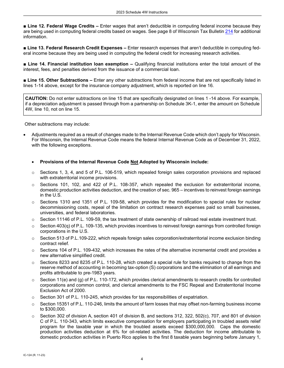 Instructions for Form IC-024 Schedule 4W Wisconsin Subtractions From Federal Income - Wisconsin, Page 4