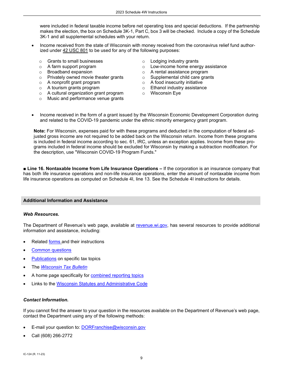 Instructions for Form IC-024 Schedule 4W Wisconsin Subtractions From Federal Income - Wisconsin, Page 9