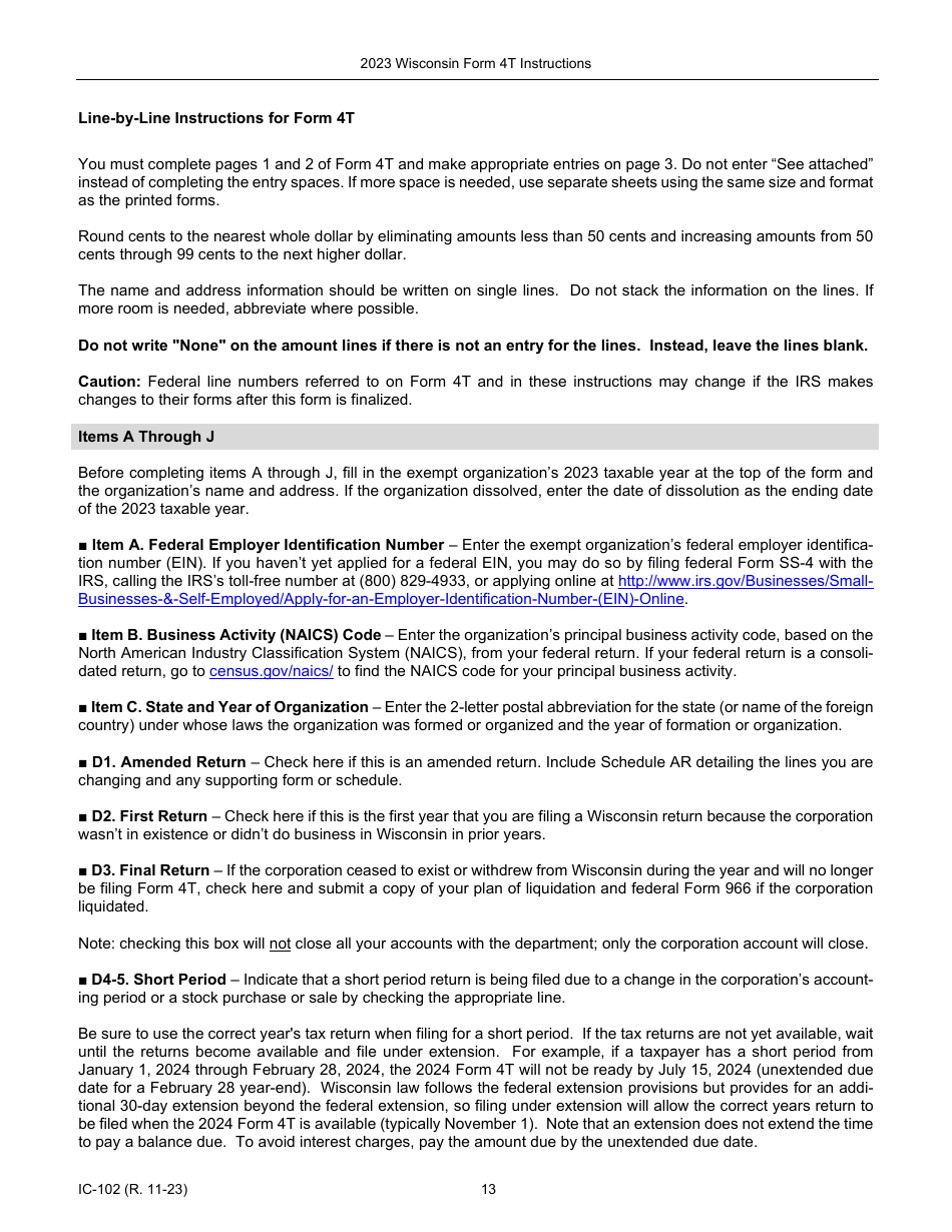 Instructions for Form 4T, IC-002 Wisconsin Exempt Organization Business Franchise or Income Tax Return - Wisconsin, Page 13