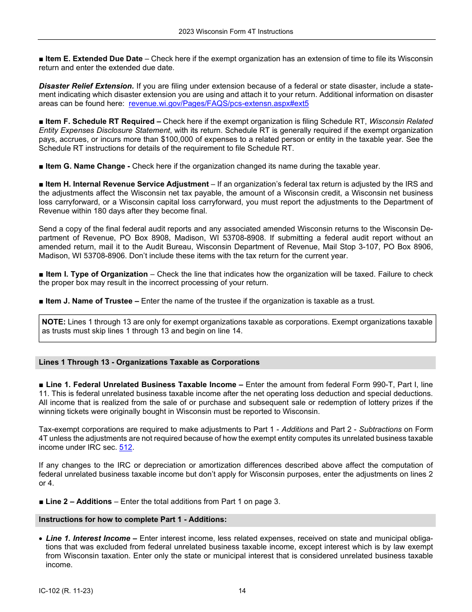 Instructions for Form 4T, IC-002 Wisconsin Exempt Organization Business Franchise or Income Tax Return - Wisconsin, Page 14