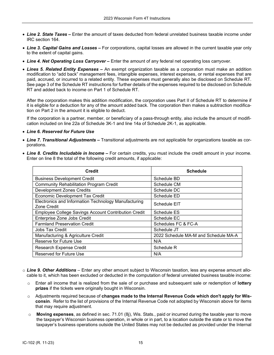 Instructions for Form 4T, IC-002 Wisconsin Exempt Organization Business Franchise or Income Tax Return - Wisconsin, Page 15