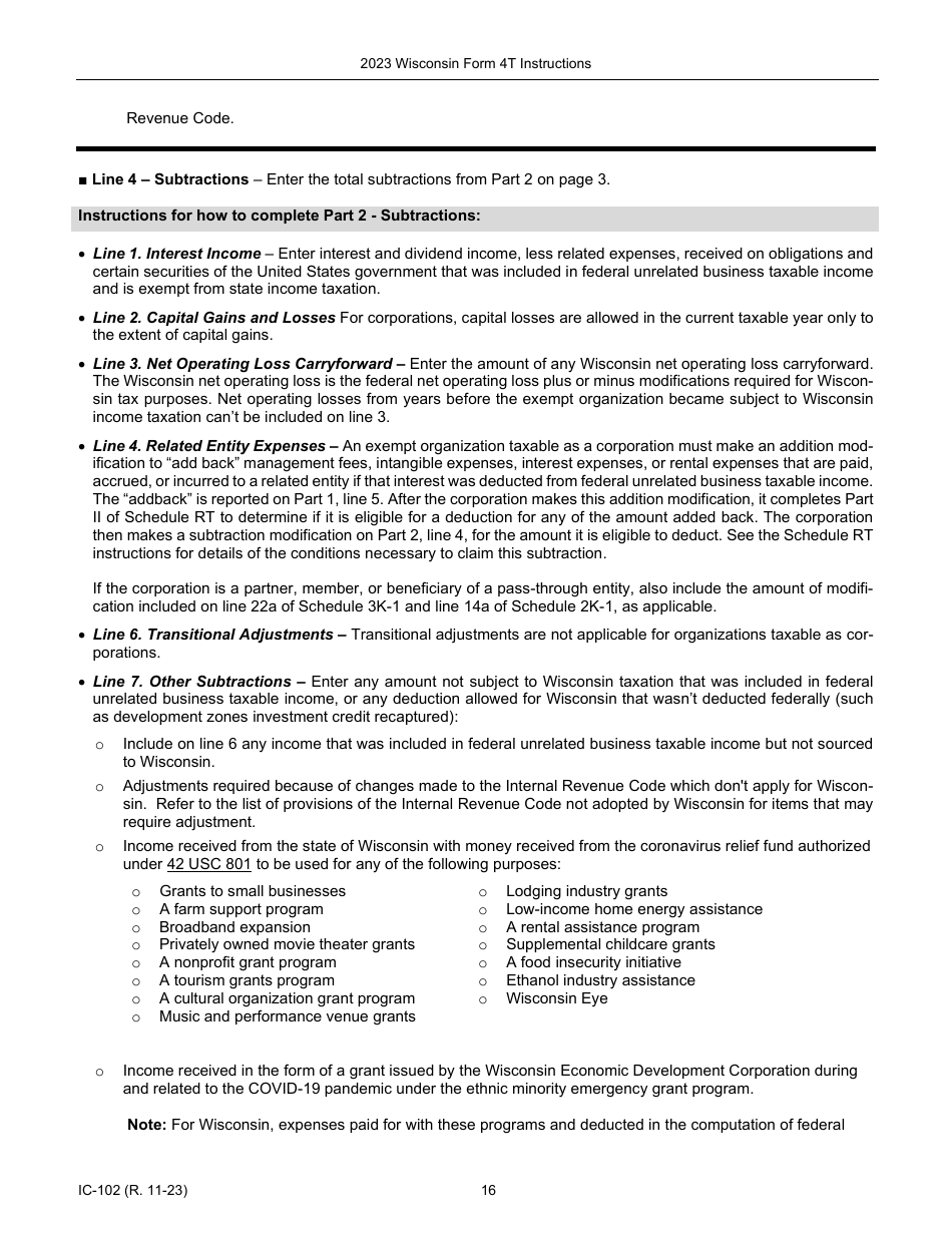 Instructions for Form 4T, IC-002 Wisconsin Exempt Organization Business Franchise or Income Tax Return - Wisconsin, Page 16
