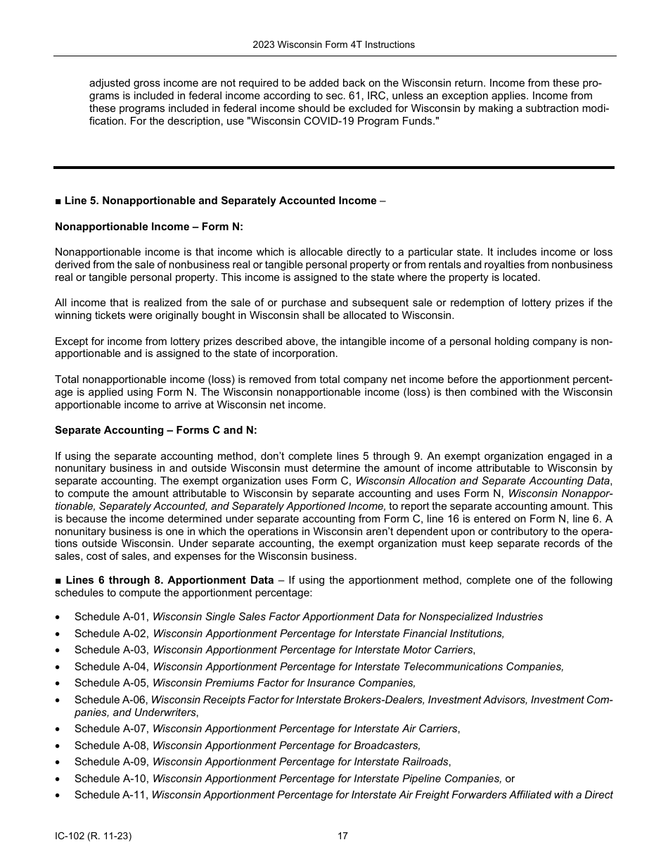 Instructions for Form 4T, IC-002 Wisconsin Exempt Organization Business Franchise or Income Tax Return - Wisconsin, Page 17