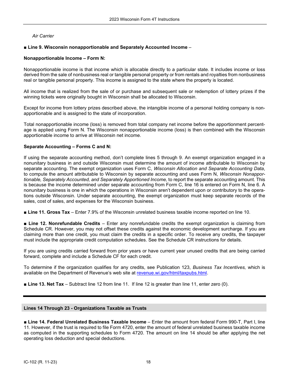 Instructions for Form 4T, IC-002 Wisconsin Exempt Organization Business Franchise or Income Tax Return - Wisconsin, Page 18