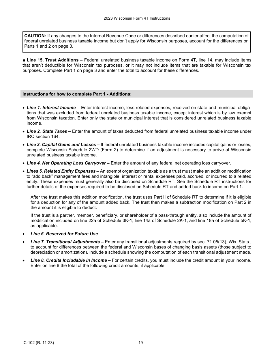 Instructions for Form 4T, IC-002 Wisconsin Exempt Organization Business Franchise or Income Tax Return - Wisconsin, Page 19