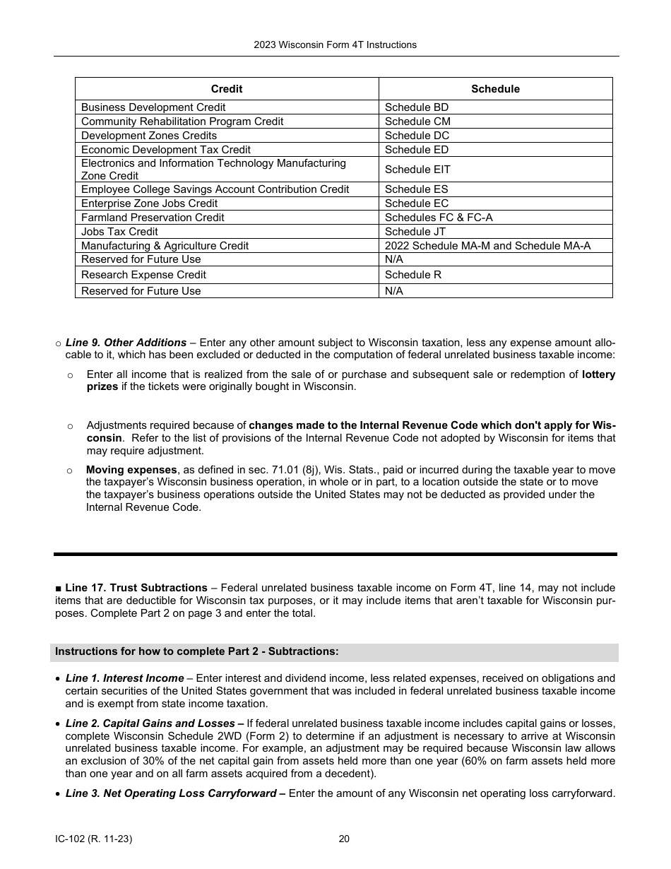 Instructions for Form 4T, IC-002 Wisconsin Exempt Organization Business Franchise or Income Tax Return - Wisconsin, Page 20