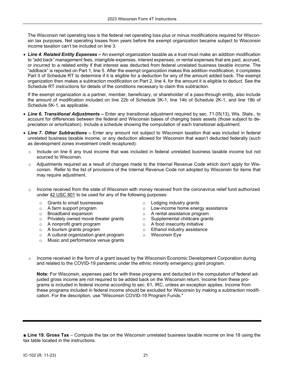 Instructions for Form 4T, IC-002 Wisconsin Exempt Organization Business Franchise or Income Tax Return - Wisconsin, Page 21