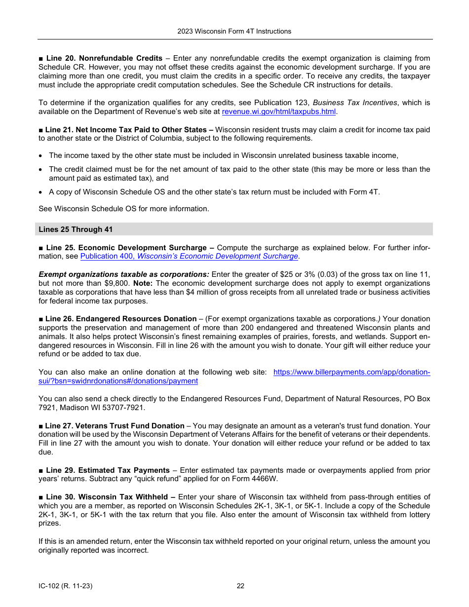 Instructions for Form 4T, IC-002 Wisconsin Exempt Organization Business Franchise or Income Tax Return - Wisconsin, Page 22