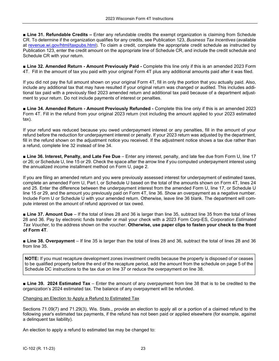 Instructions for Form 4T, IC-002 Wisconsin Exempt Organization Business Franchise or Income Tax Return - Wisconsin, Page 23