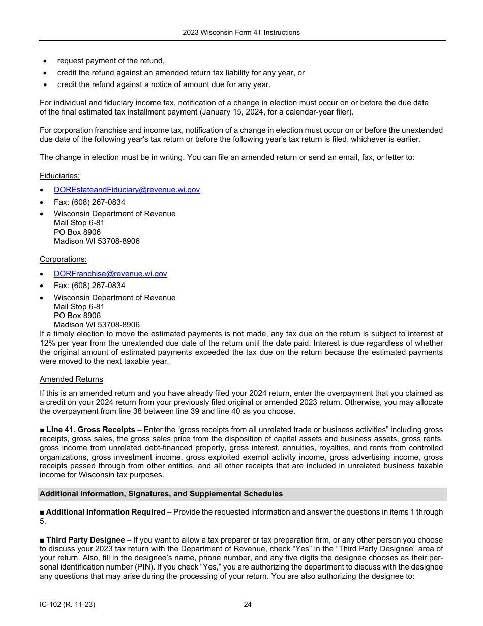 Instructions for Form 4T, IC-002 Wisconsin Exempt Organization Business Franchise or Income Tax Return - Wisconsin, Page 24