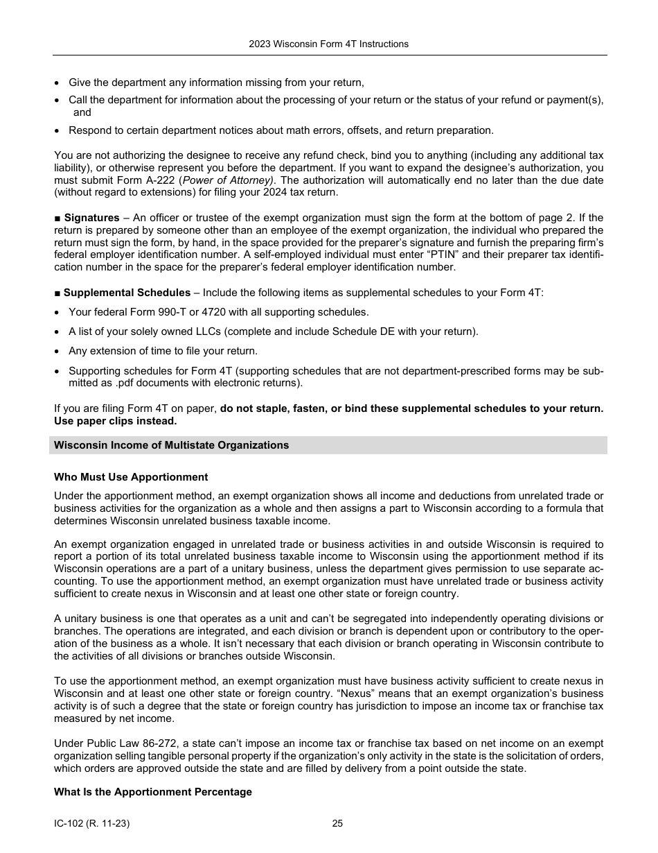 Instructions for Form 4T, IC-002 Wisconsin Exempt Organization Business Franchise or Income Tax Return - Wisconsin, Page 25