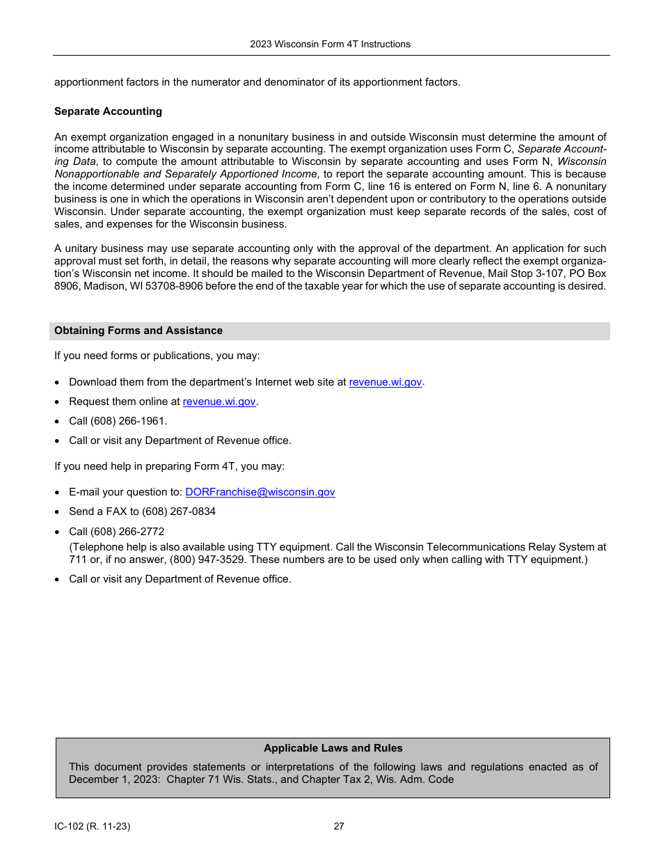 Instructions for Form 4T, IC-002 Wisconsin Exempt Organization Business Franchise or Income Tax Return - Wisconsin, Page 27