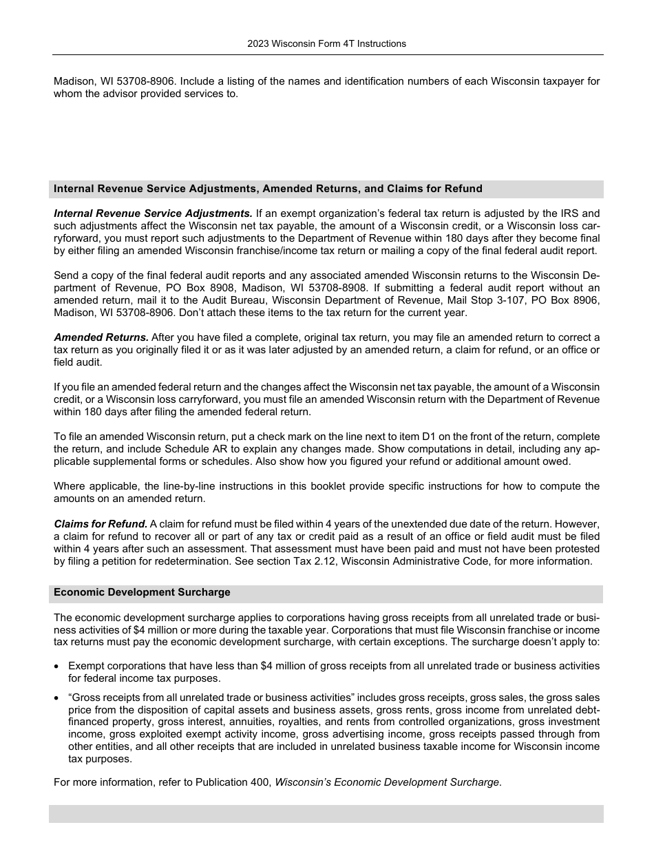 Instructions for Form 4T, IC-002 Wisconsin Exempt Organization Business Franchise or Income Tax Return - Wisconsin, Page 6