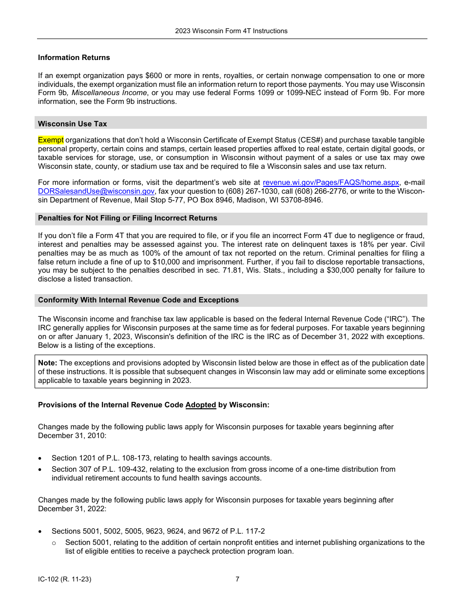 Instructions for Form 4T, IC-002 Wisconsin Exempt Organization Business Franchise or Income Tax Return - Wisconsin, Page 7