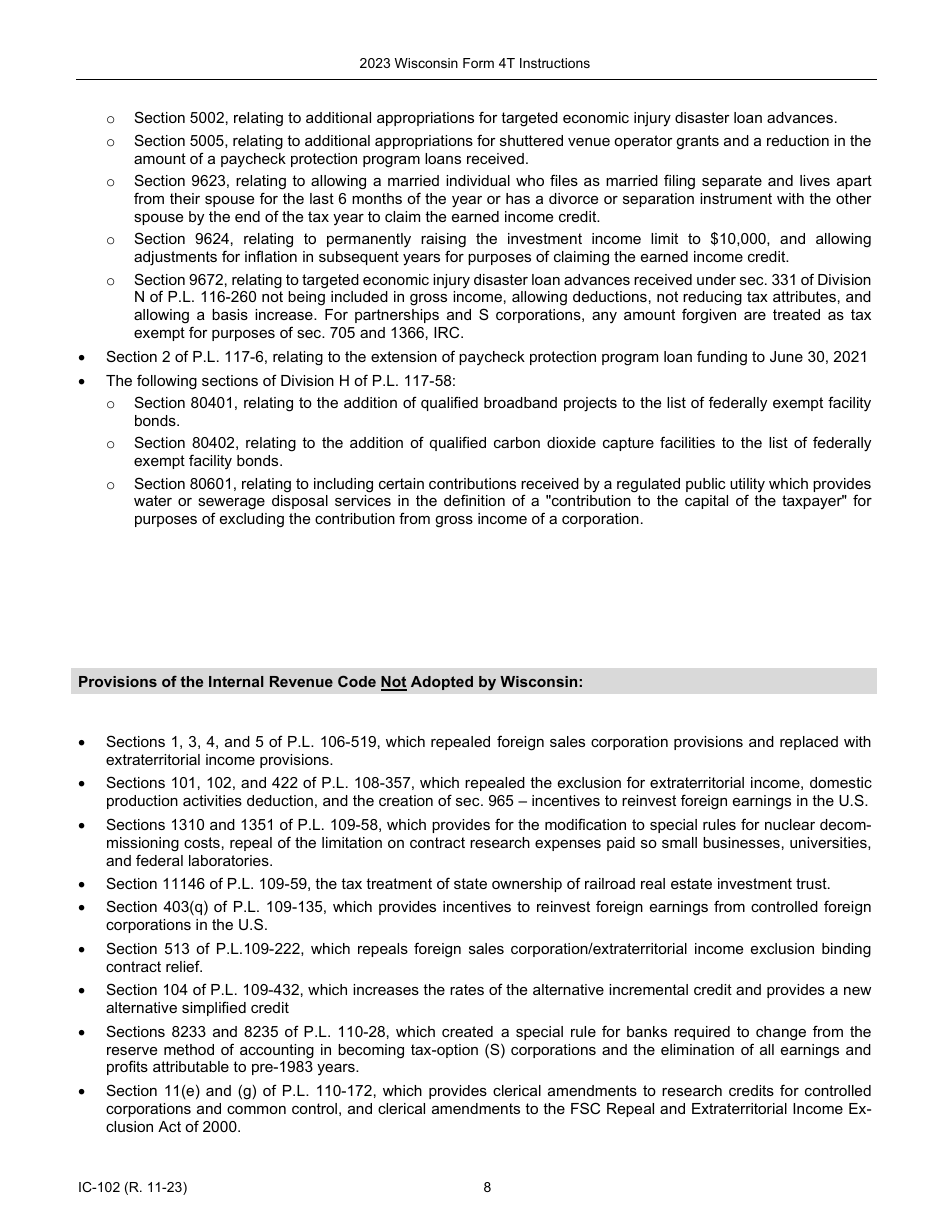 Instructions for Form 4T, IC-002 Wisconsin Exempt Organization Business Franchise or Income Tax Return - Wisconsin, Page 8