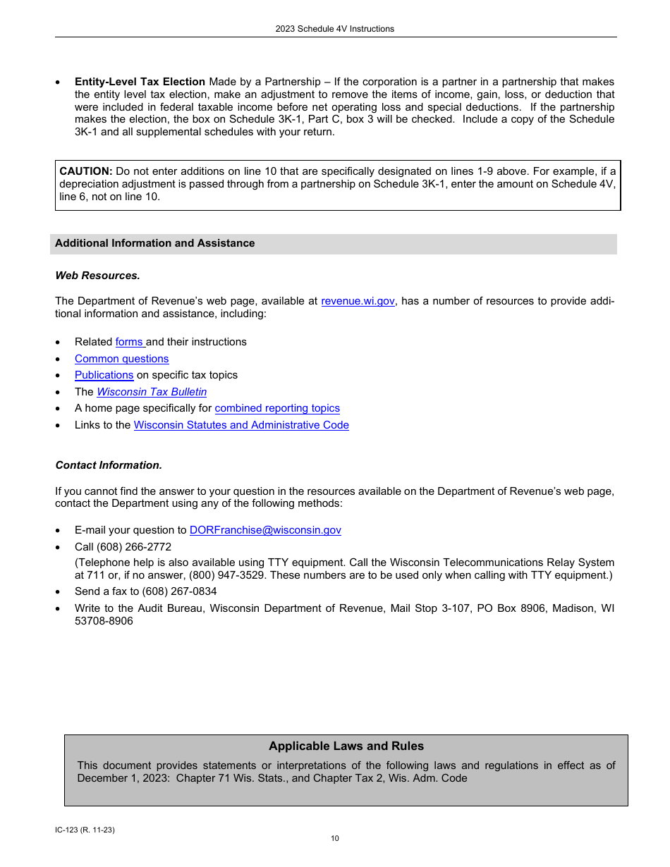 Instructions for Form IC-023 Schedule 4V Wisconsin Additions to Federal Income - Wisconsin, Page 10