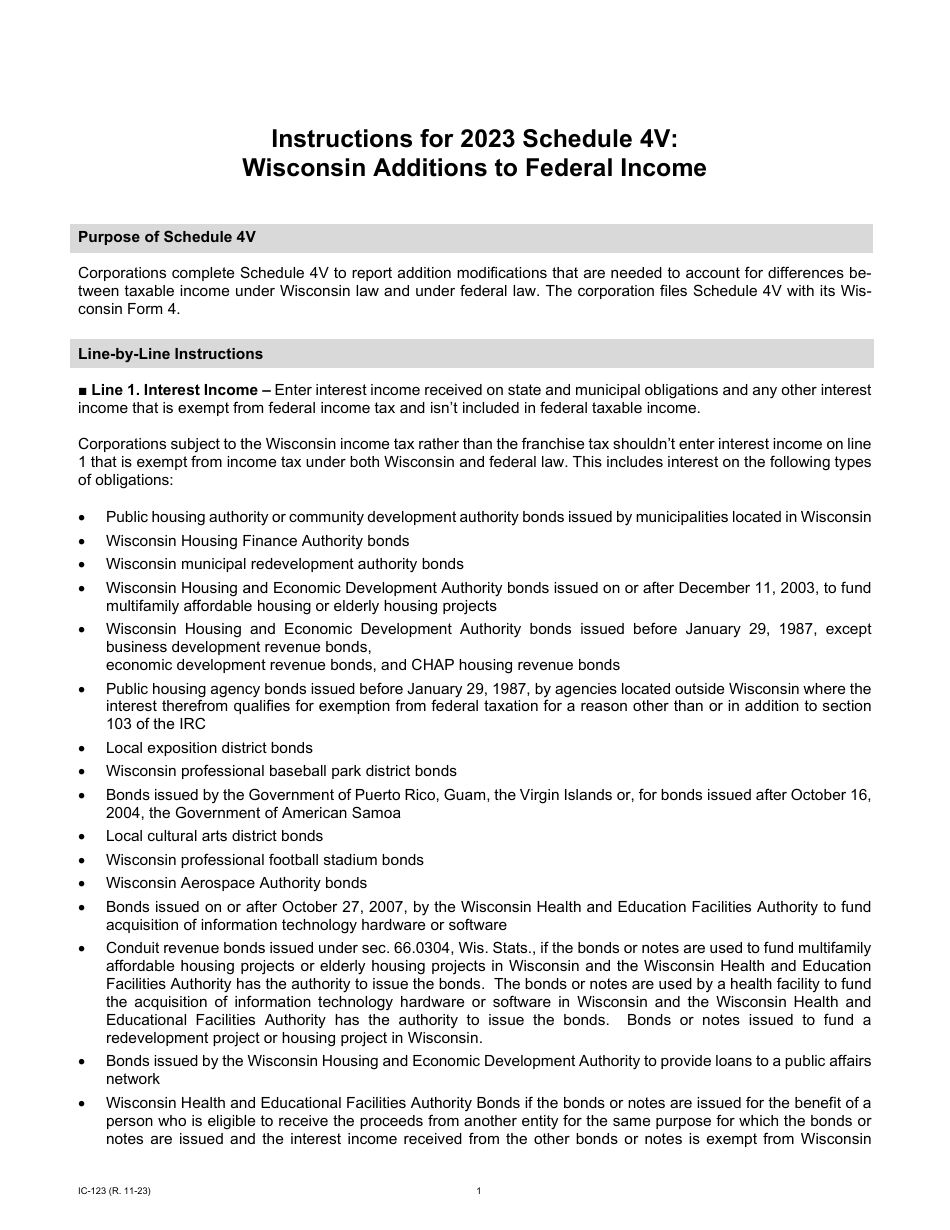 Instructions for Form IC-023 Schedule 4V Wisconsin Additions to Federal Income - Wisconsin, Page 1