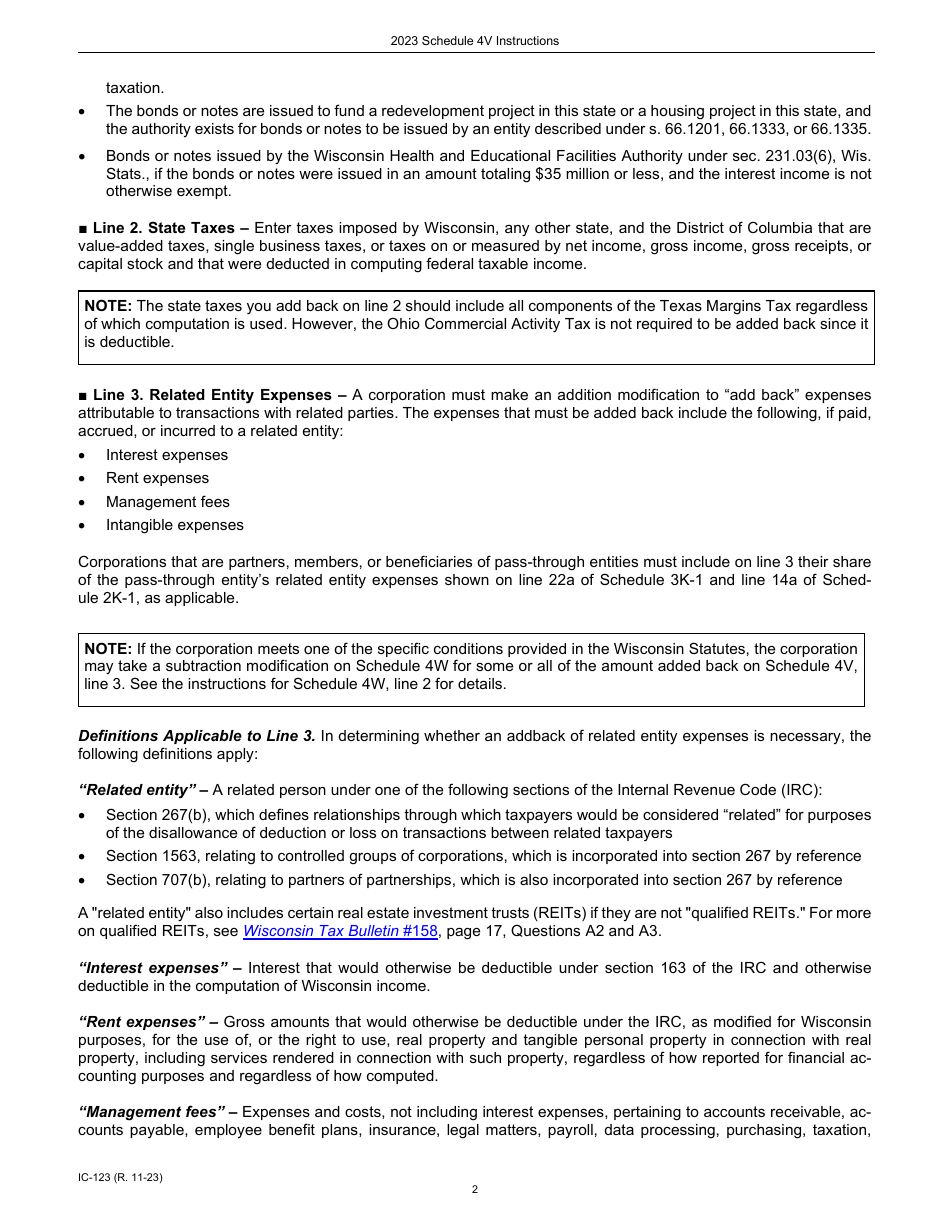 Instructions for Form IC-023 Schedule 4V Wisconsin Additions to Federal Income - Wisconsin, Page 2
