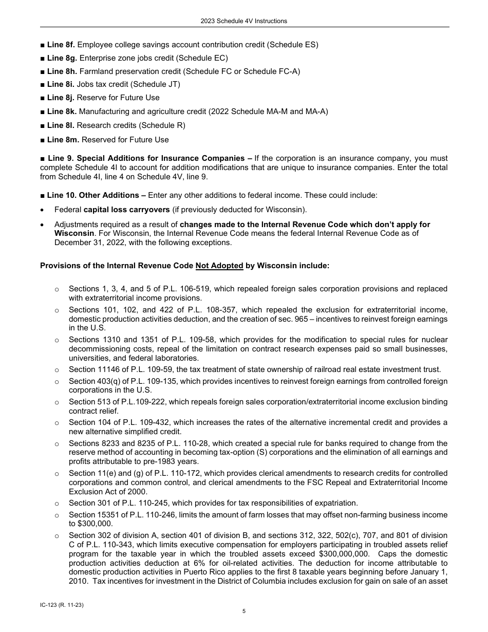Instructions for Form IC-023 Schedule 4V Wisconsin Additions to Federal Income - Wisconsin, Page 5