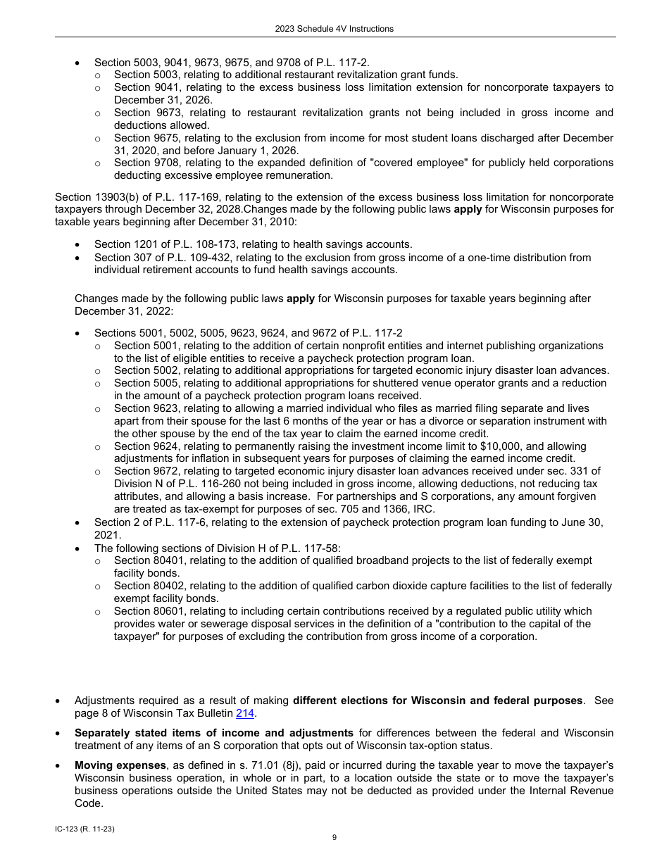 Instructions for Form IC-023 Schedule 4V Wisconsin Additions to Federal Income - Wisconsin, Page 9