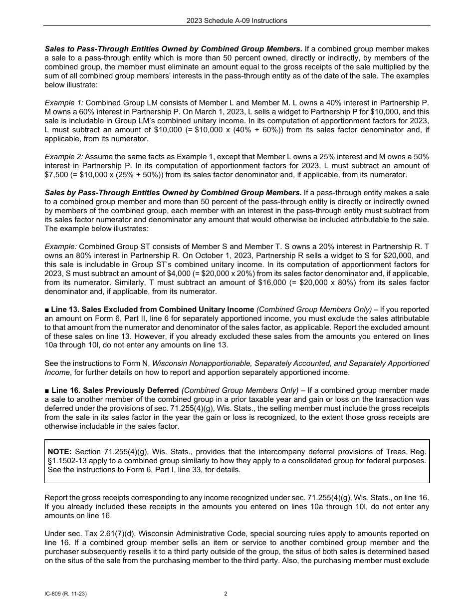 Instructions for Form IC-307 Schedule A-09 Wisconsin Apportionment Percentage for Interstate Railroads - Wisconsin, Page 2