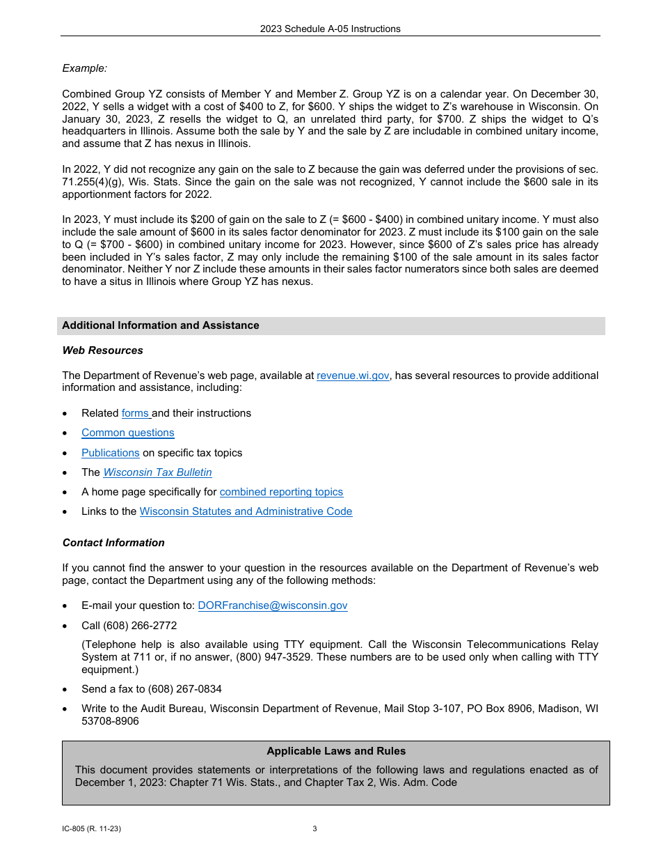 Instructions for Form IC-303 Schedule A-05 Wisconsin Premiums Factor for Insurance Companies - Wisconsin, Page 3