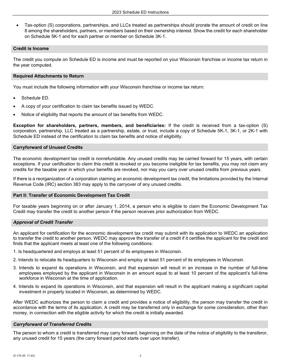 Instructions for Form IC-074 Schedule ED Wisconsin Economic Development Tax Credit - Wisconsin, Page 2