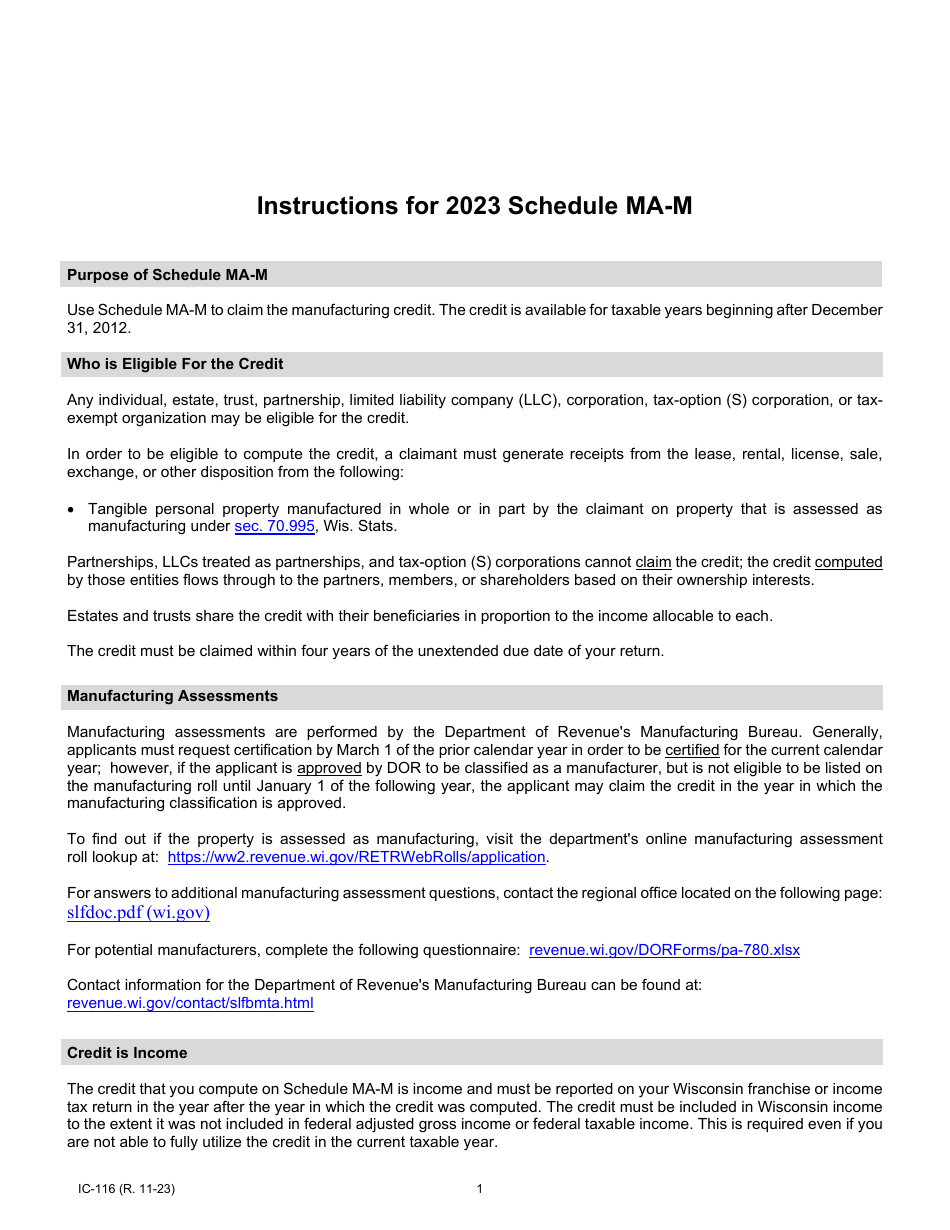 Instructions for Form IC-016 Schedule MA-M Wisconsin Manufacturing Credit - Wisconsin, Page 1