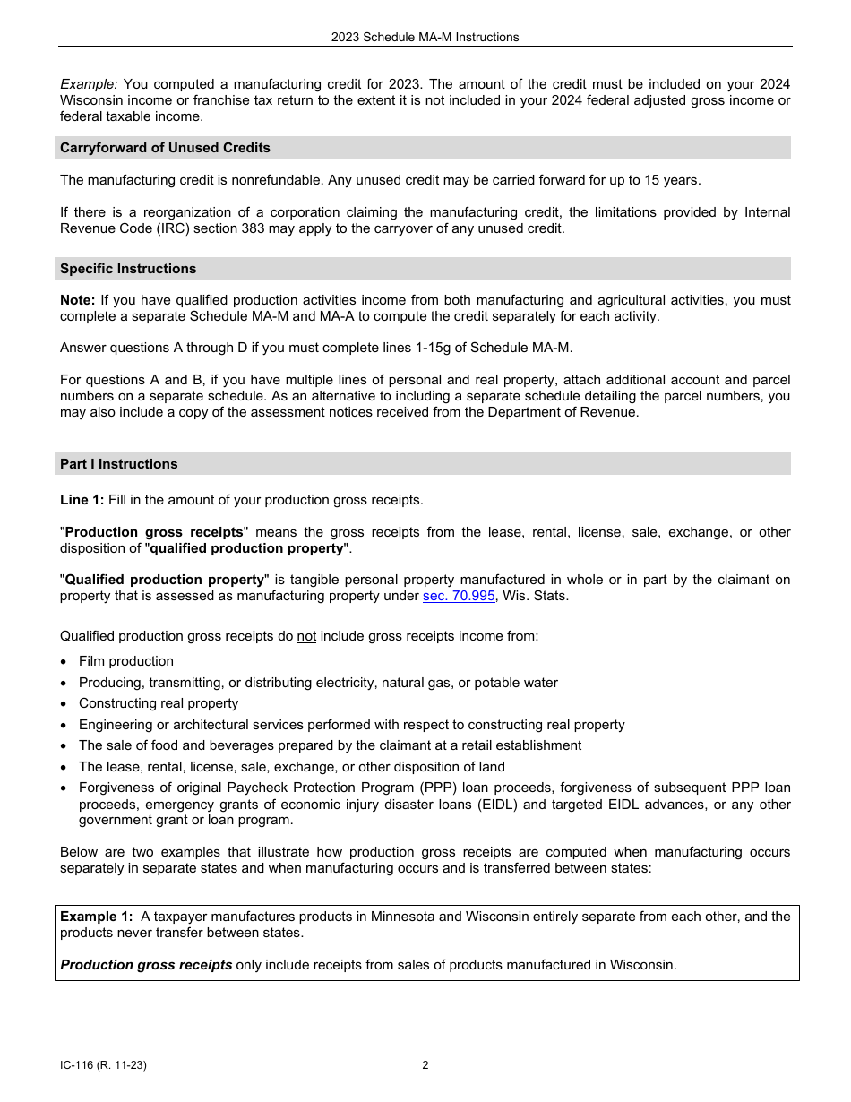Instructions for Form IC-016 Schedule MA-M Wisconsin Manufacturing Credit - Wisconsin, Page 2