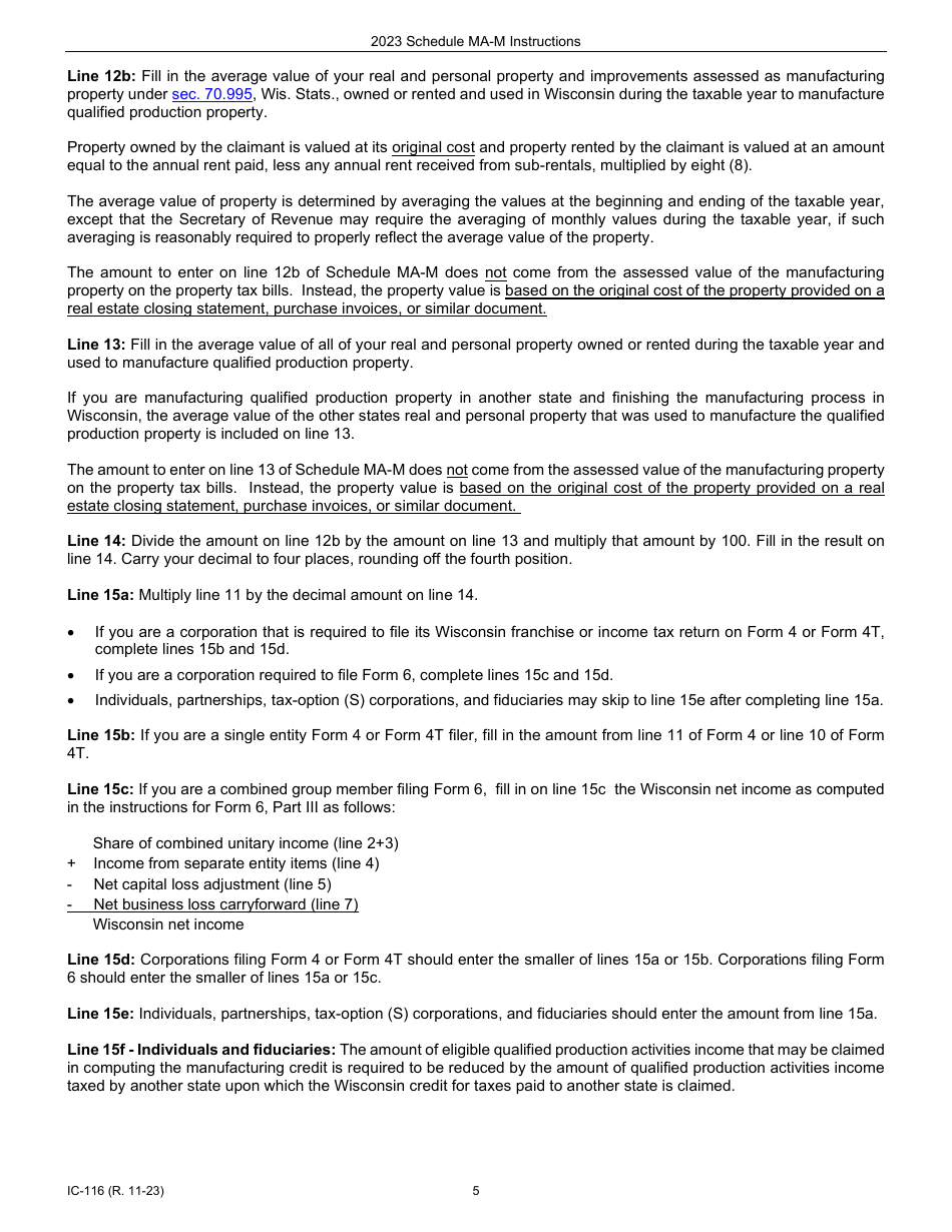 Instructions for Form IC-016 Schedule MA-M Wisconsin Manufacturing Credit - Wisconsin, Page 5