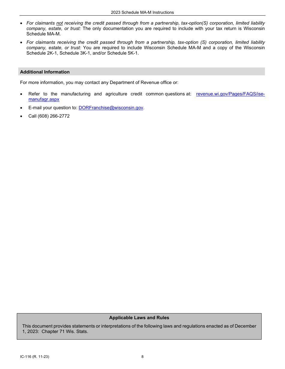 Instructions for Form IC-016 Schedule MA-M Wisconsin Manufacturing Credit - Wisconsin, Page 8