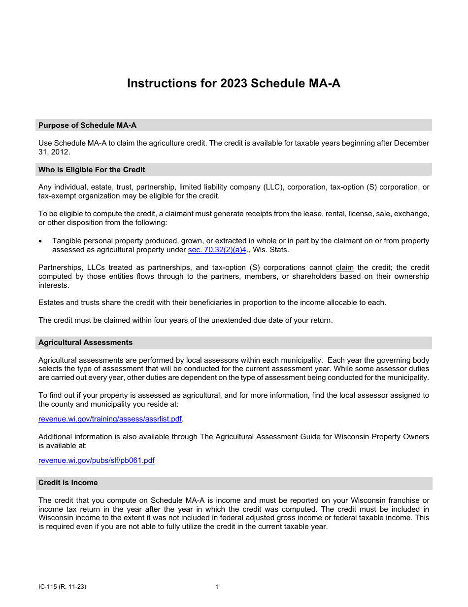 Instructions for Form IC-015 Schedule MA-A Wisconsin Agricultural Credit - Wisconsin, Page 1