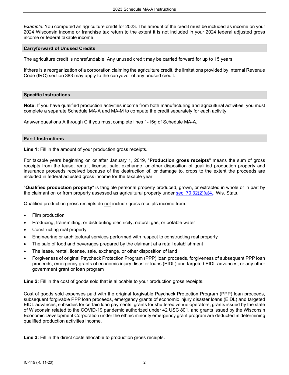 Instructions for Form IC-015 Schedule MA-A Wisconsin Agricultural Credit - Wisconsin, Page 2