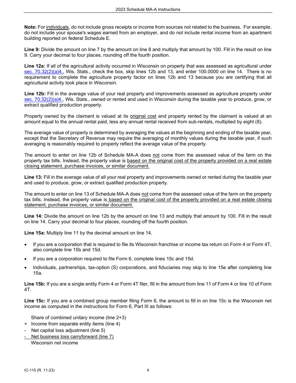 Instructions for Form IC-015 Schedule MA-A Wisconsin Agricultural Credit - Wisconsin, Page 4