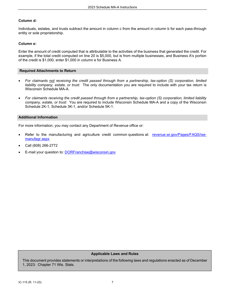 Instructions for Form IC-015 Schedule MA-A Wisconsin Agricultural Credit - Wisconsin, Page 7