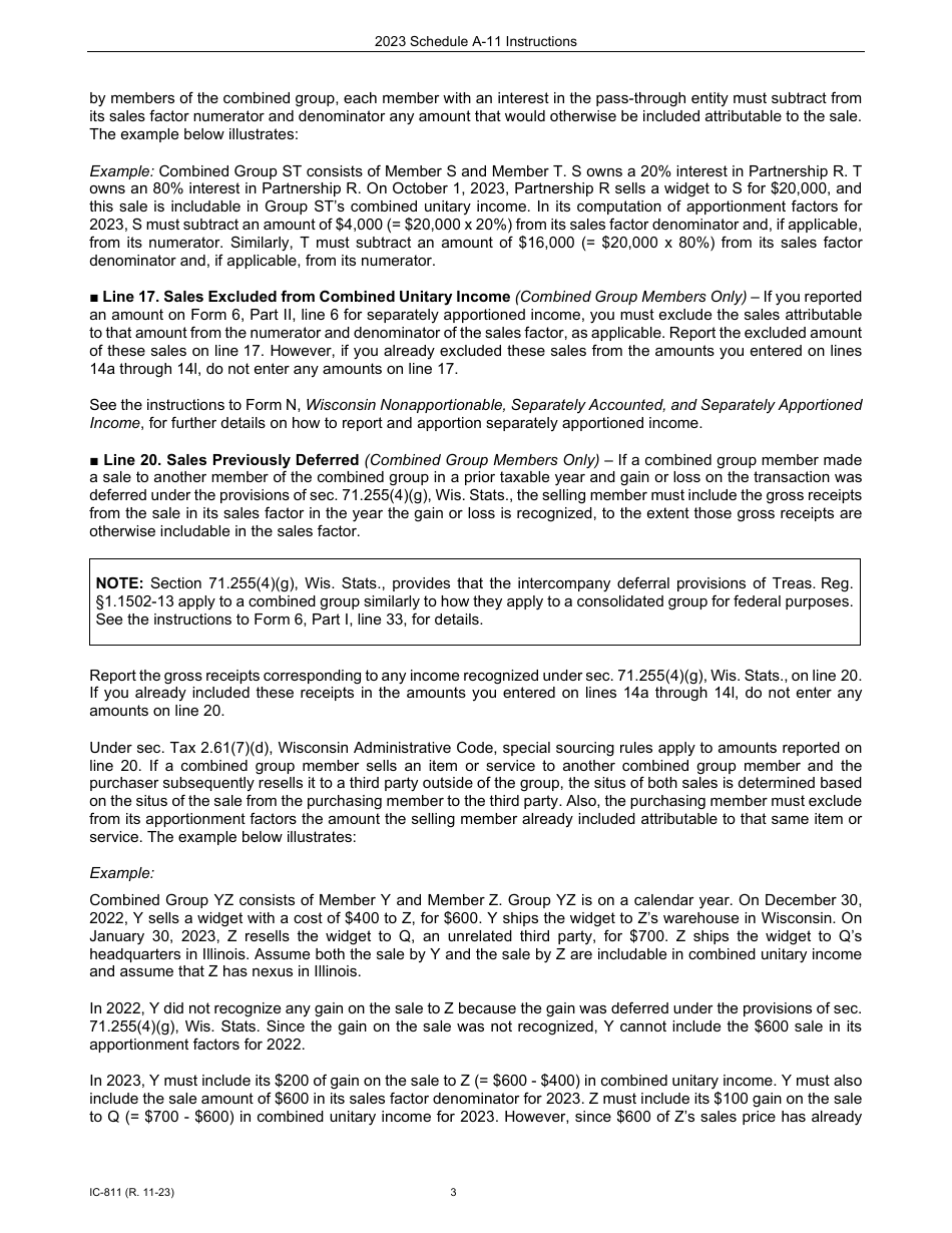 Instructions for Form IC-309 Schedule A-11 Wisconsin Apportionment Percentage for Interstate Air Freight Forwarders Affiliated With a Direct Air Carrier - Wisconsin, Page 3