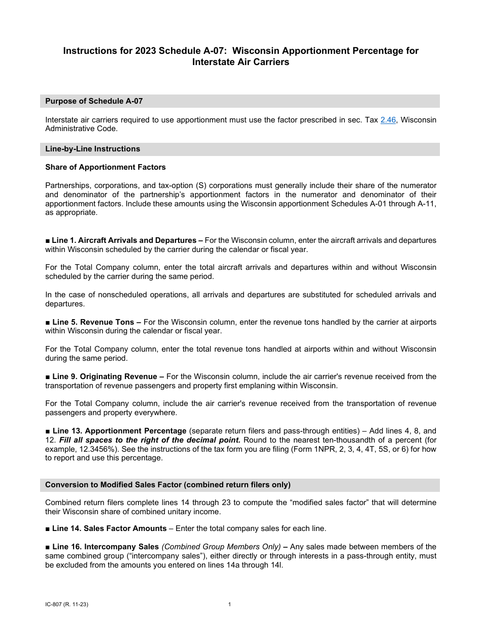 Instructions for Form IC-305 Schedule A-07 Wisconsin Apportionment Percentage for Interstate Air Carriers - Wisconsin, Page 1