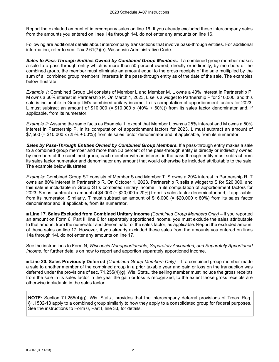 Instructions for Form IC-305 Schedule A-07 Wisconsin Apportionment Percentage for Interstate Air Carriers - Wisconsin, Page 2