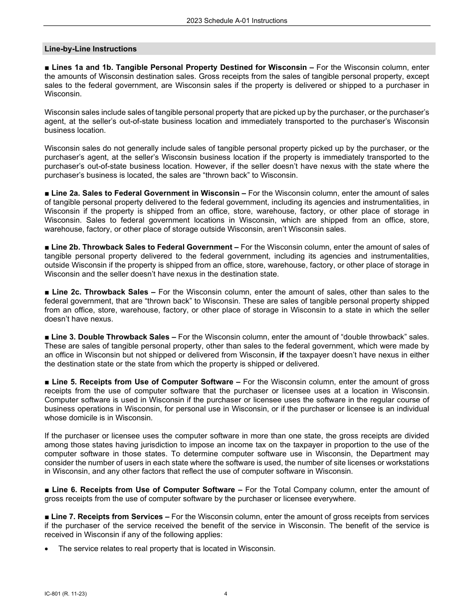 Instructions for Form IC-043 Schedule A-01 Wisconsin Single Sales Factor Apportionment Data for Nonspecialized Industries - Wisconsin, Page 4