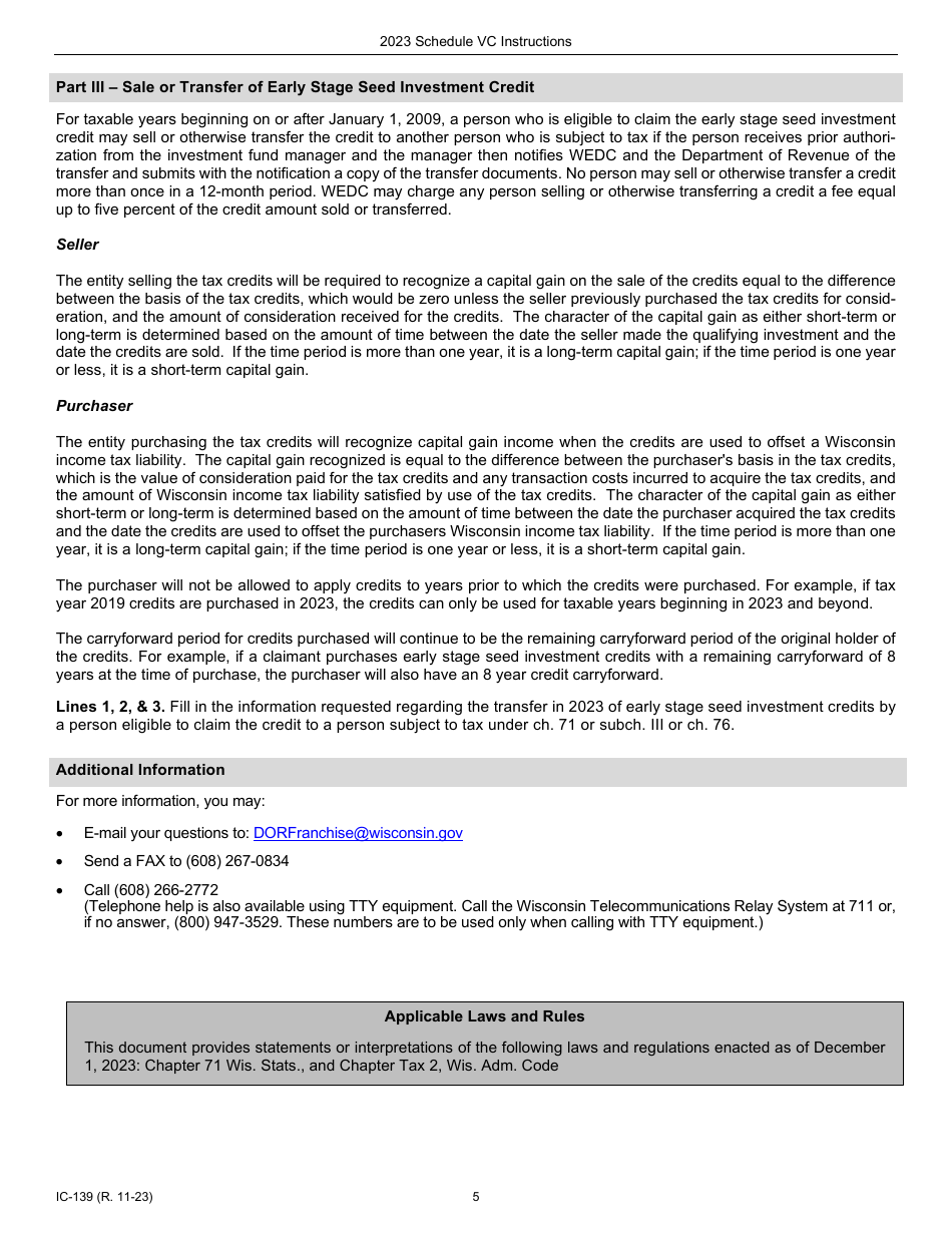Instructions for Form IC-039 Schedule VC Wisconsin Venture Capital Credits - Wisconsin, Page 5