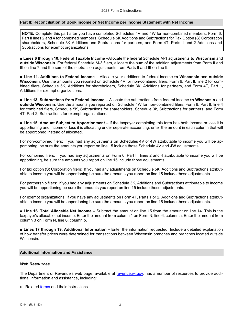 Instructions for Form C, IC-044 Wisconsin Allocation and Separate Accounting Data - Wisconsin, Page 2