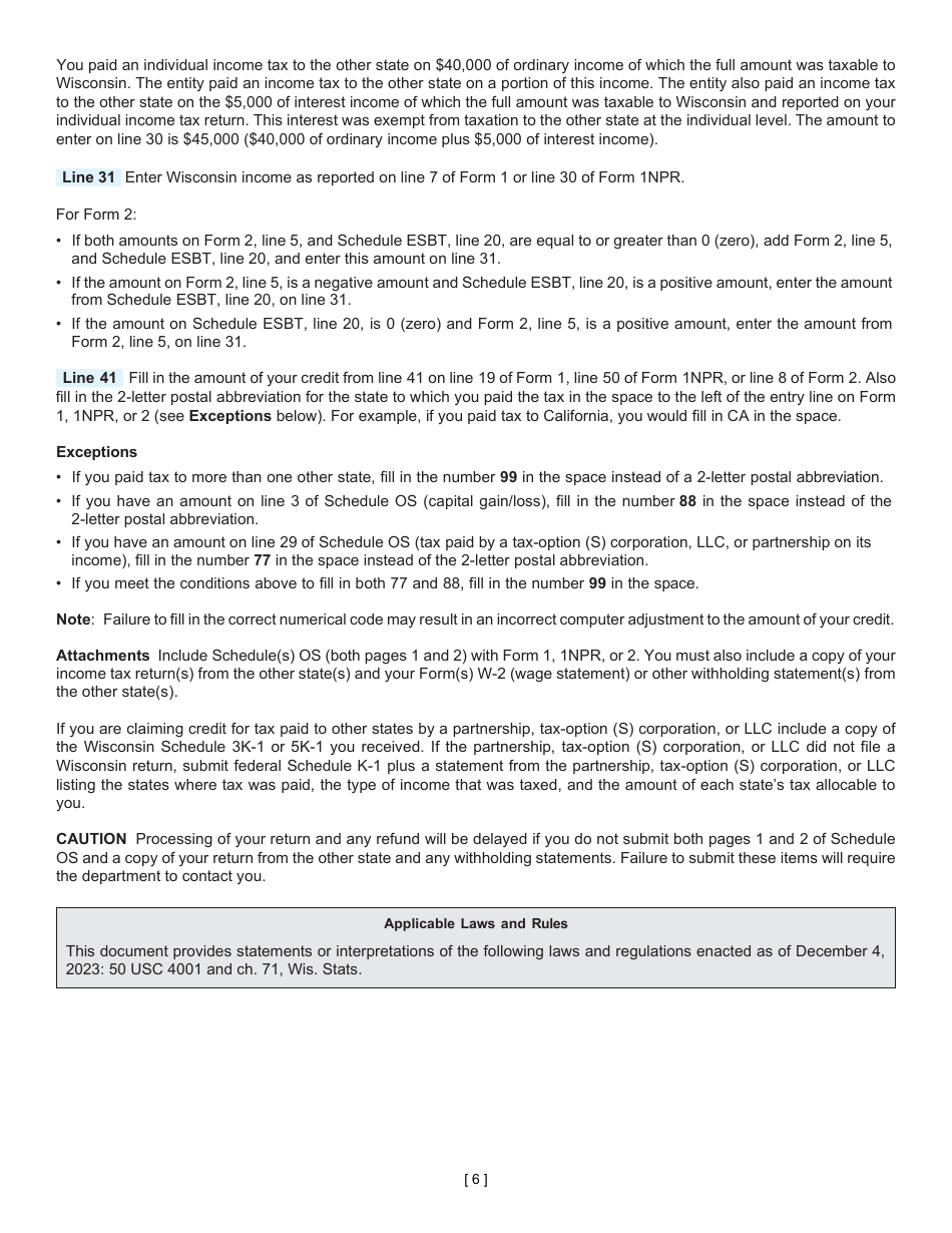 Instructions for Form I-023 Schedule OS Credit for Net Tax Paid to Another State - Wisconsin, Page 6
