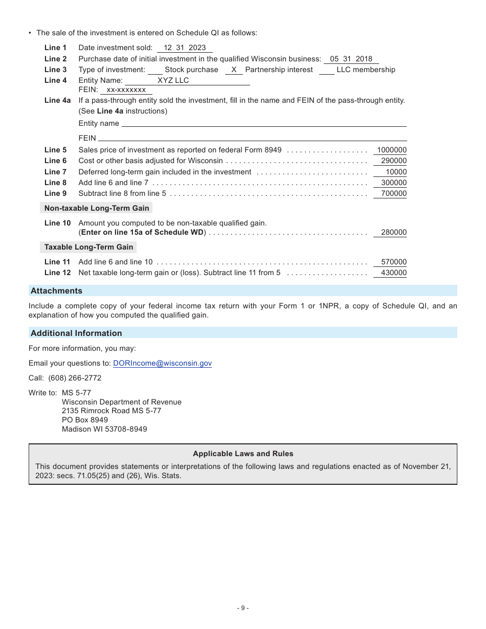 Instructions for Form I-077 Schedule QI Sale of Investment in a Qualified Wisconsin Business - Wisconsin, Page 9