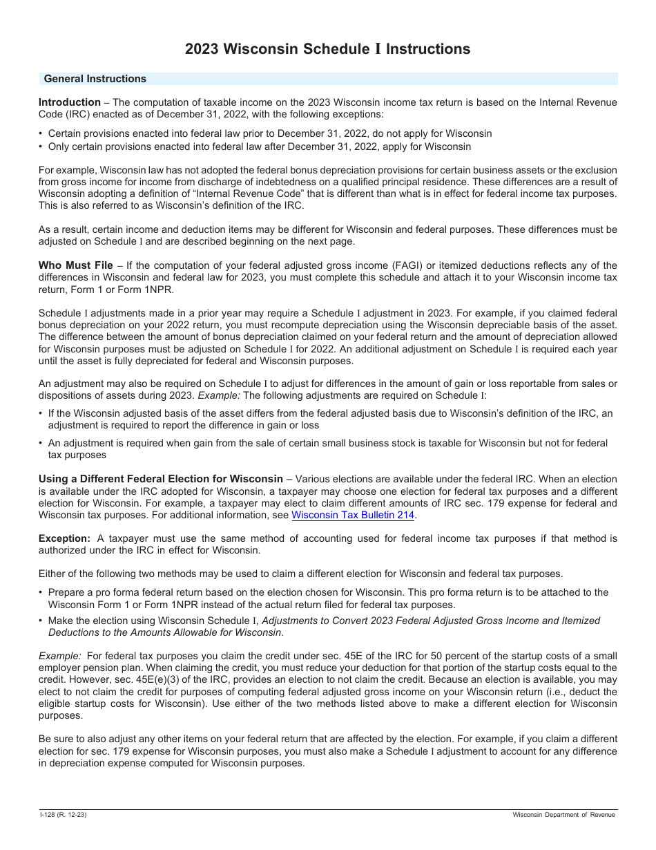 Instructions for Form I-028 Schedule I Adjustments to Convert Federal Adjusted Gross Income and Itemized Deductions to the Amounts Allowable for Wisconsin - Wisconsin, Page 1