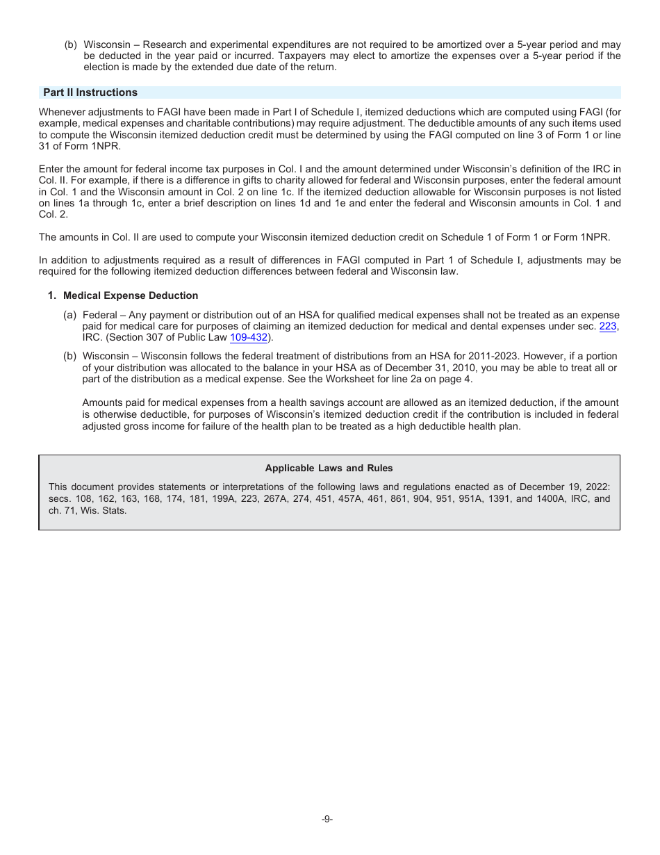 Instructions for Form I-028 Schedule I Adjustments to Convert Federal Adjusted Gross Income and Itemized Deductions to the Amounts Allowable for Wisconsin - Wisconsin, Page 9
