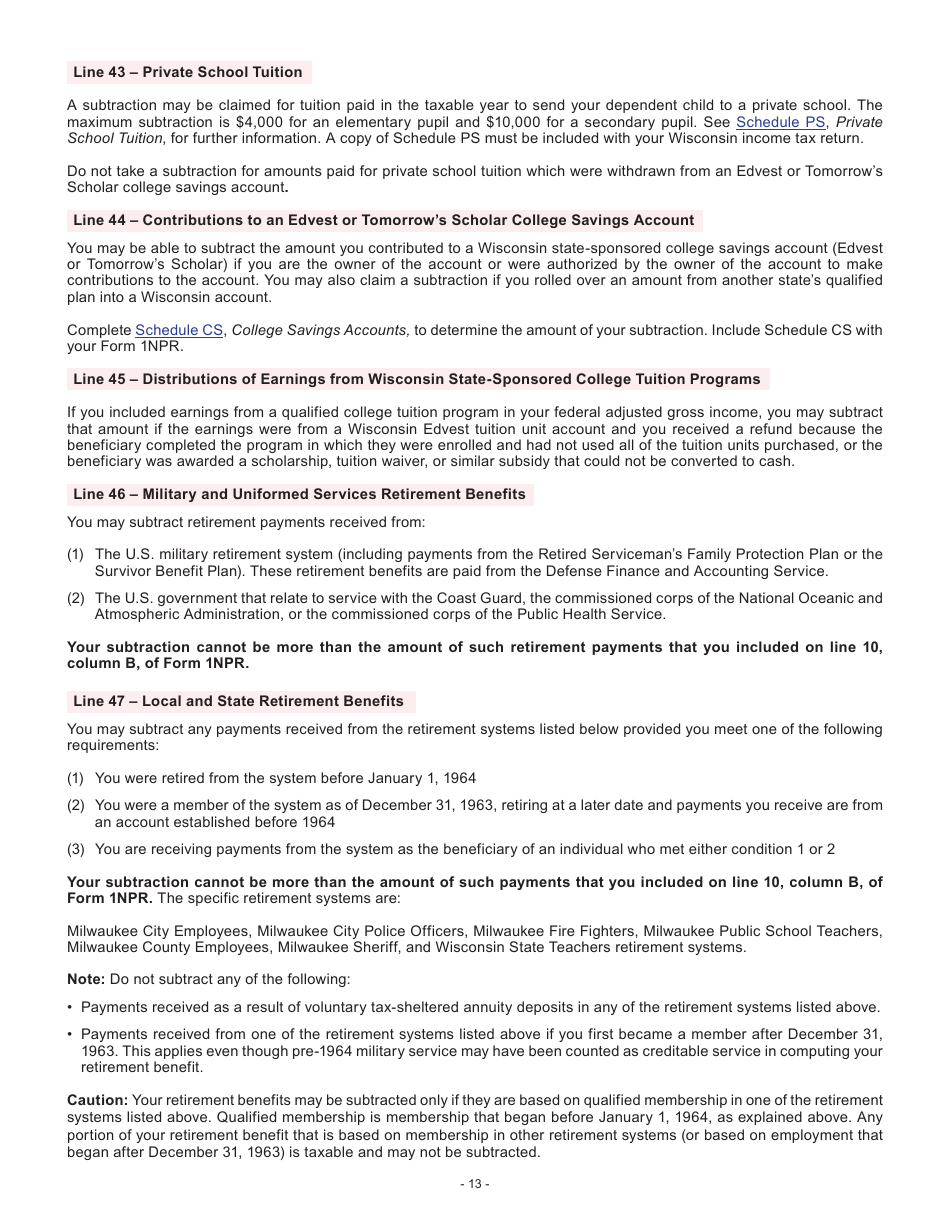 Instructions for Form I-053I Schedule M Additions to and Subtractions From Income - Wisconsin, Page 13
