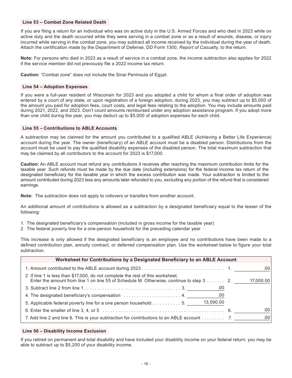 Instructions for Form I-053I Schedule M Additions to and Subtractions From Income - Wisconsin, Page 16