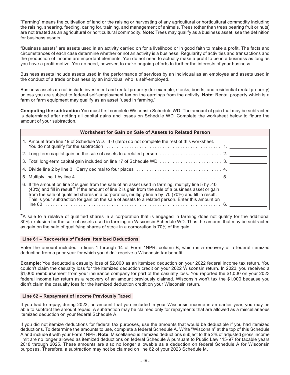 Instructions for Form I-053I Schedule M Additions to and Subtractions From Income - Wisconsin, Page 18